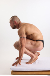 Whole Body Man White Underwear Muscular Kneeling Studio photo references